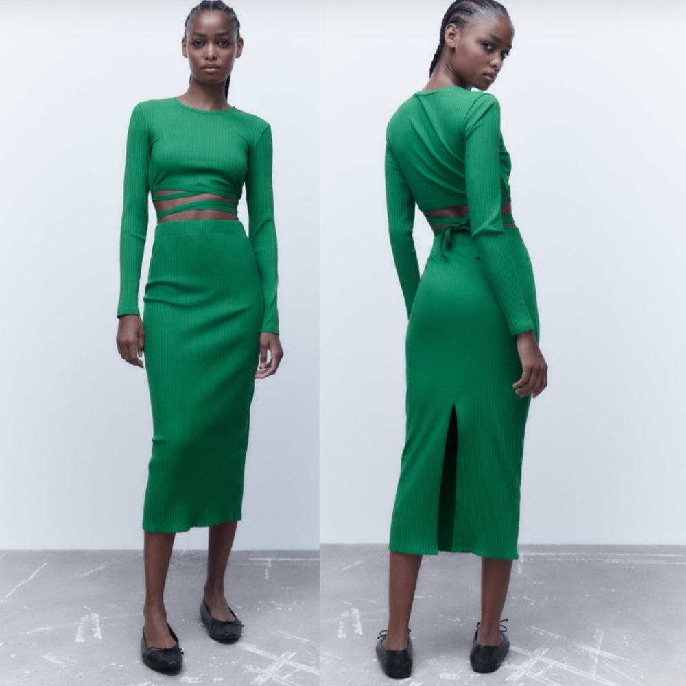 NWT ZARA RIBBED STRETCH HIGH WAISTED MIDI SKIRT DARK GREEN MEDIUM